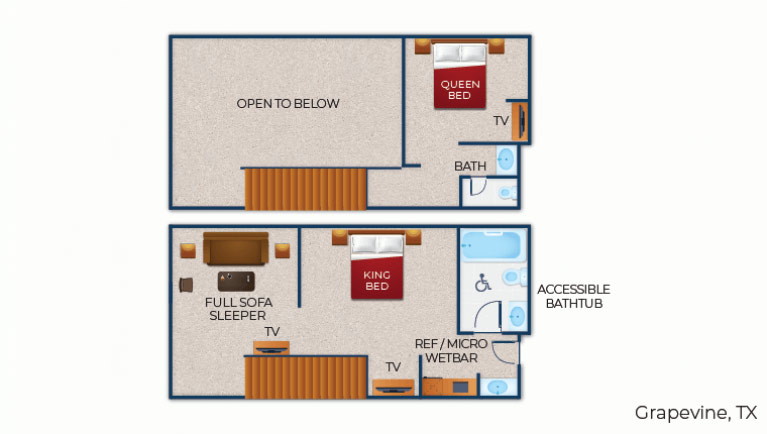 The floor plan for the accessible bathtub Loft King Suite